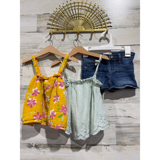 Old Navy Modern Moments Outfit Set Girls 5T Green Yellow Floral Denim Boho EUC0