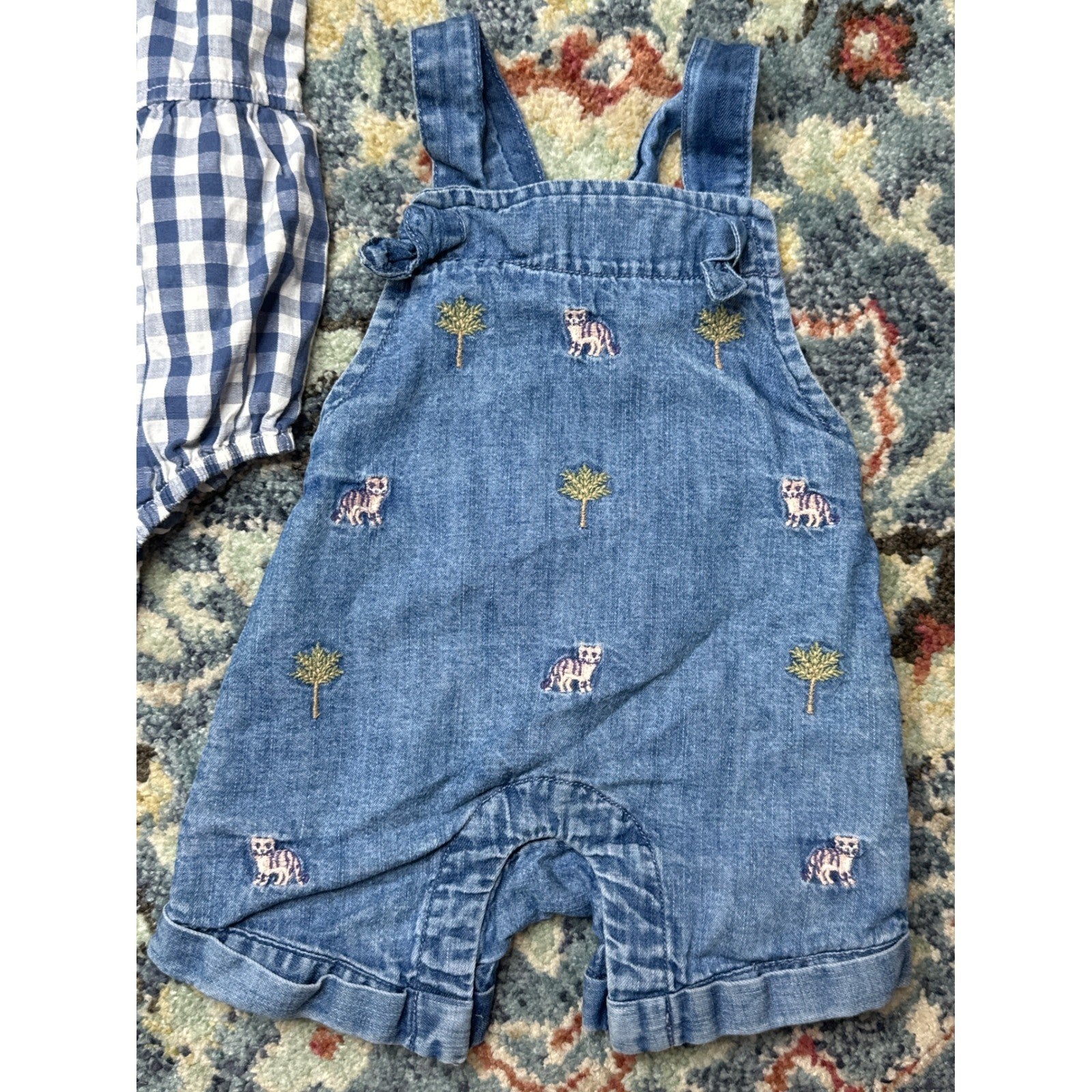Cat & Jack Janie and Jack Romper Overalls Girls 0-3M Blue Gingham Denim EUC2
