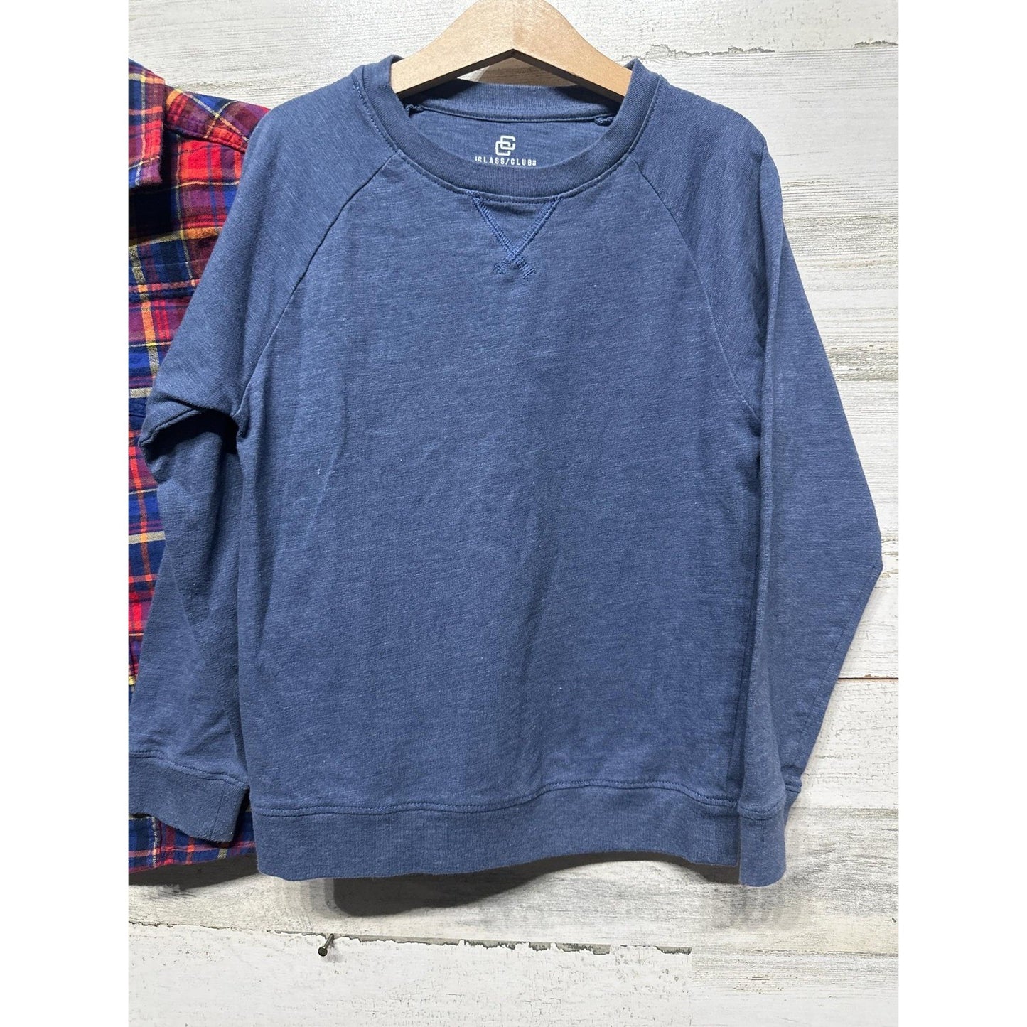 Cat & Jack Class Club Shirt Sweatshirt Boys 6/7 Red Blue Plaid Bundle EUC2