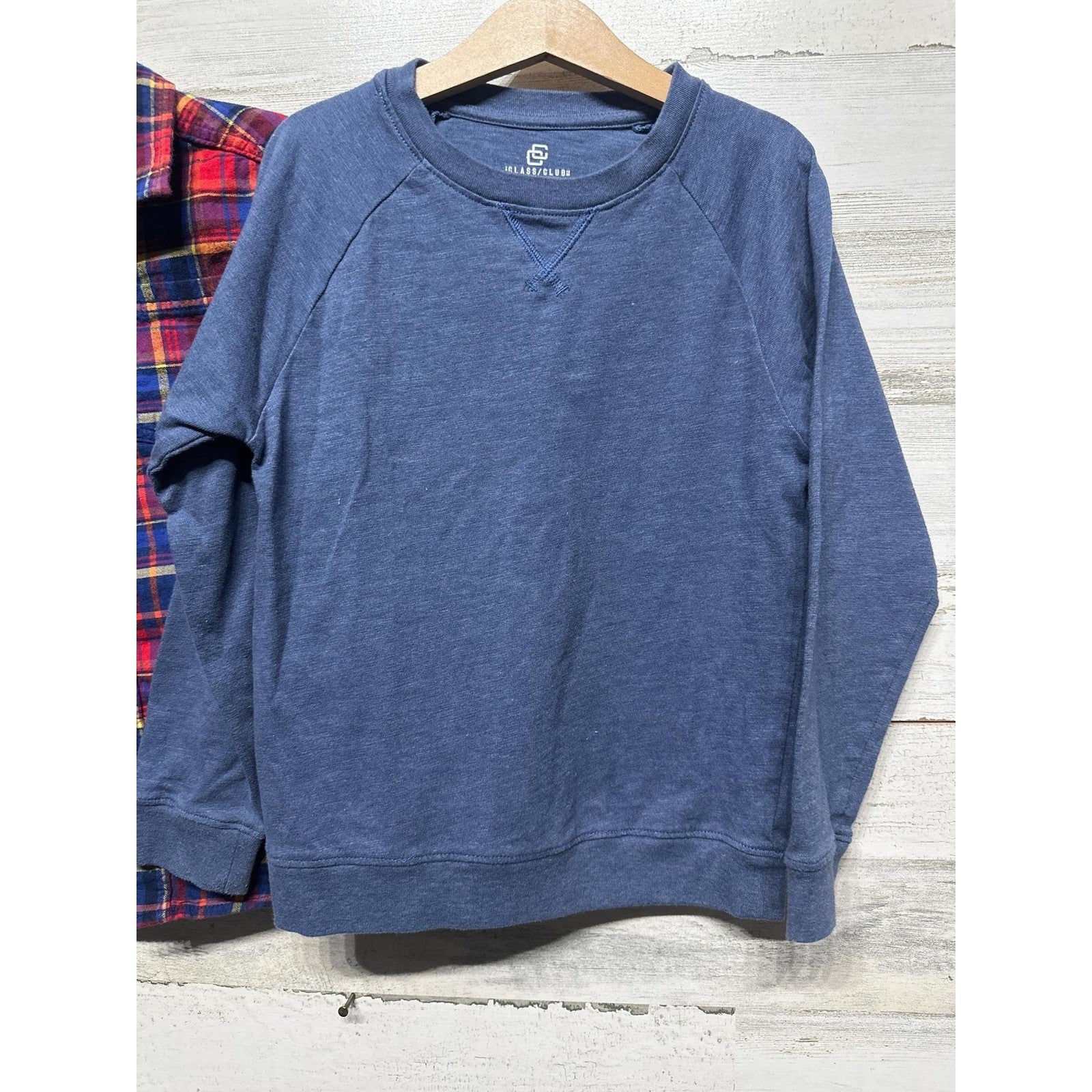 Cat & Jack Class Club Shirt Sweatshirt Boys 6/7 Red Blue Plaid Bundle EUC2
