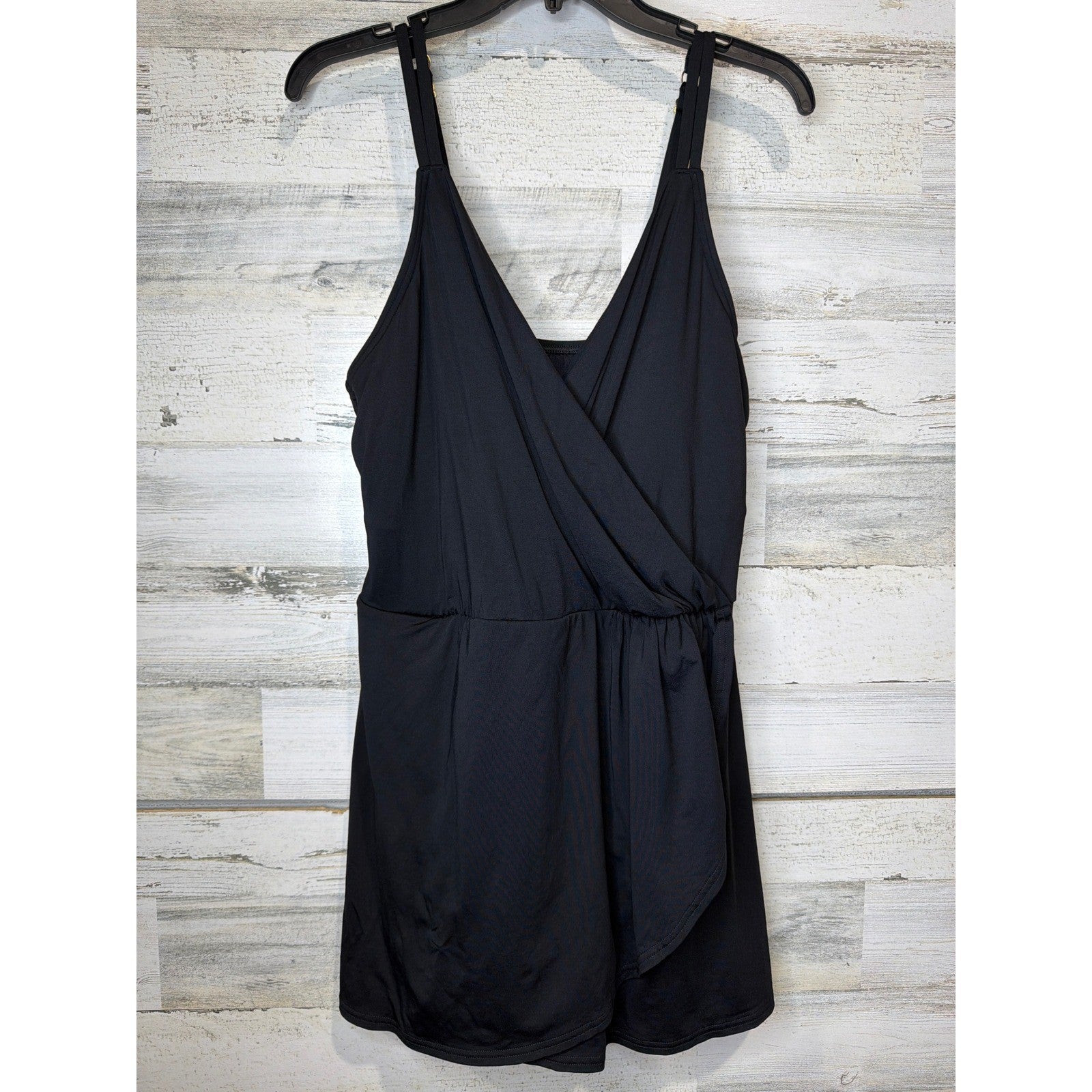 Lands End Swim Dress Women 1X Black Faux Wrap Surplice Classic EUC0