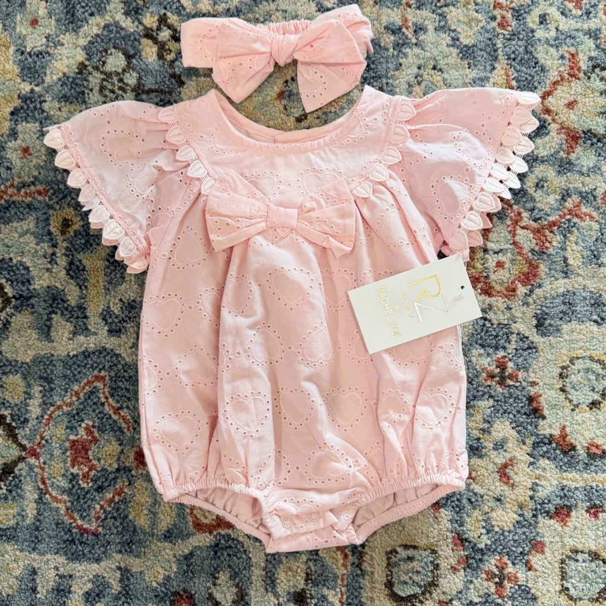 Rachel Zoe Romper Set Girls 3-6M Pink Heart Eyelet Bow Coquette NWT0