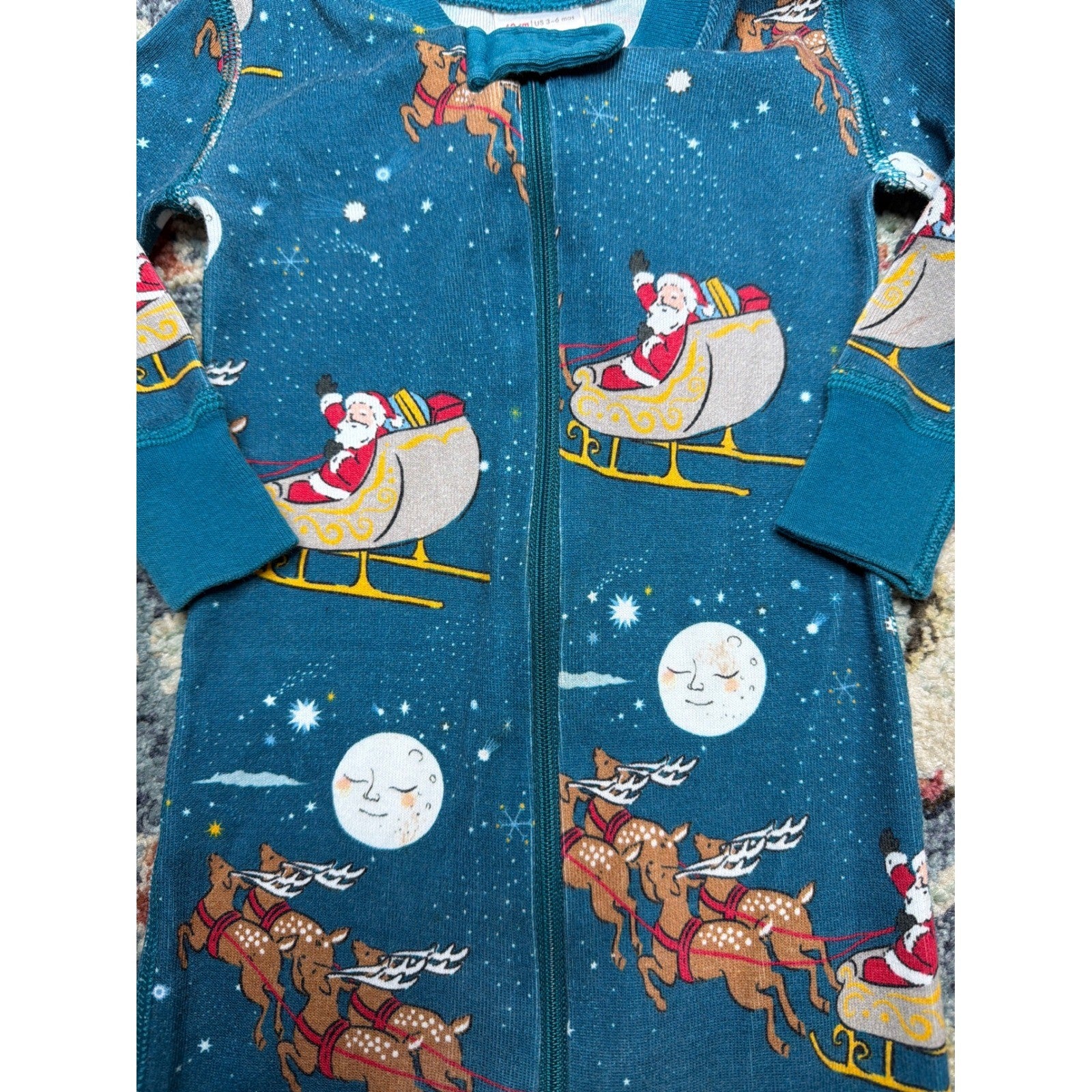 Hanna Andersson Pajamas Boys 3-6M Teal Santa Reindeer Organic Cotton EUC2