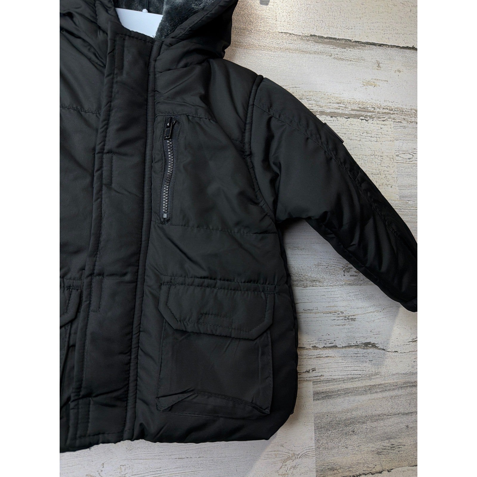 Body Glove Puffer Jacket Boys 24M Black Hooded Faux Fur Winter Gorpcore EUC1