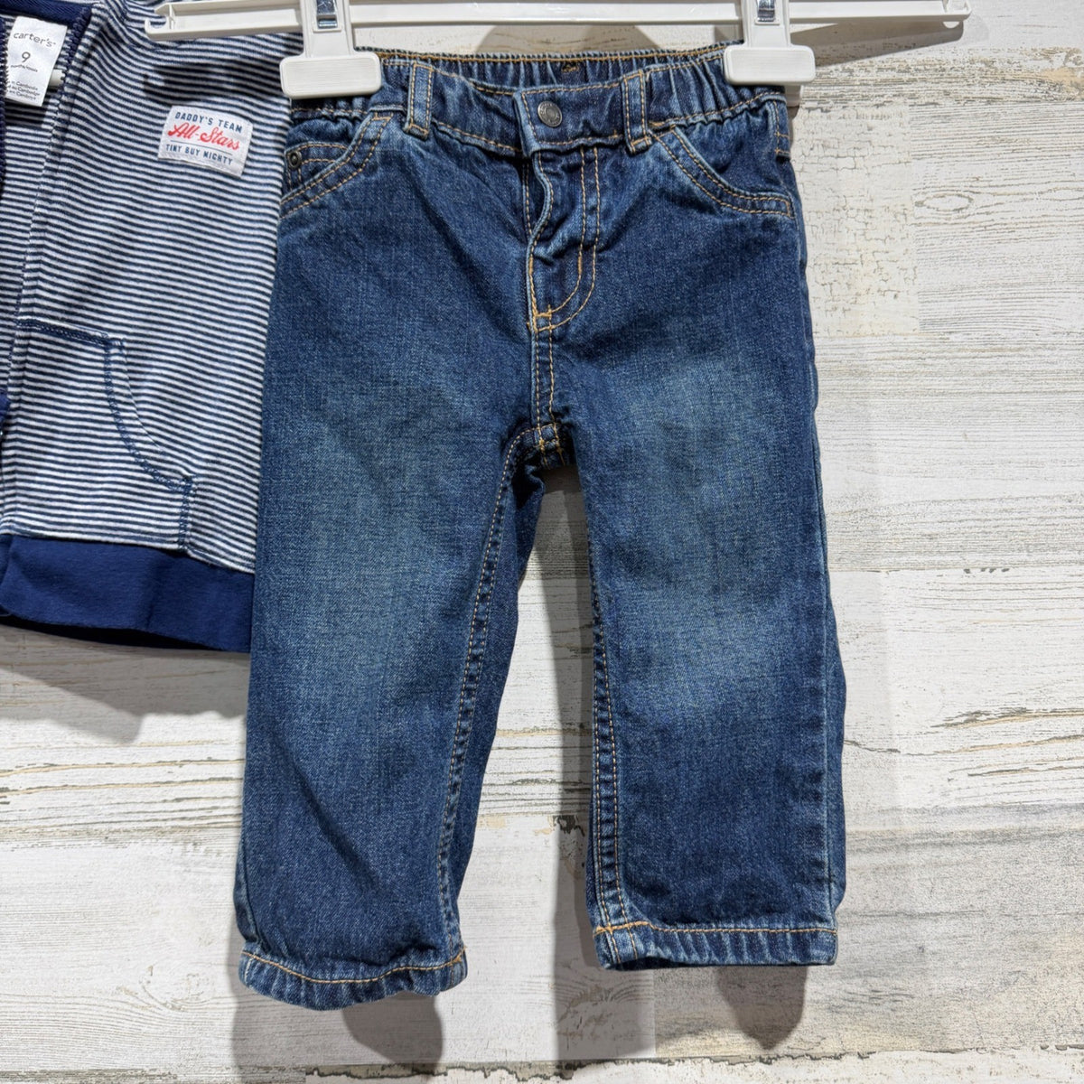 Focus Kids & Carters 3pc Outfit Set Boys 9-12M Red Blue Cotton Denim Casual EUC7