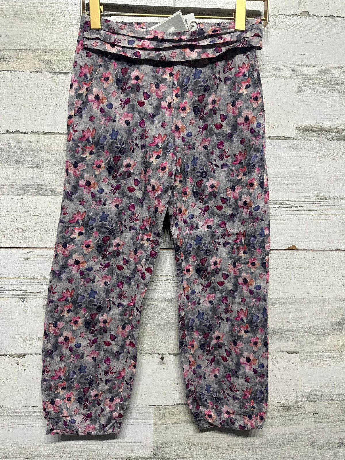 Wheat Floral Jogger Pants Girls 6 Grey Pink Purple Ruffle Waist NWT0