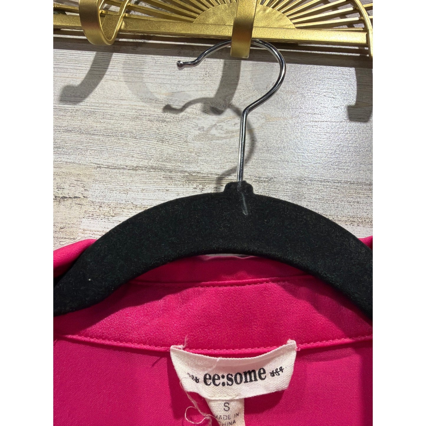 Ee:Some Satin Button Down Shirt Women Small Hot Pink Oversized Ruched Sleeve EUC1