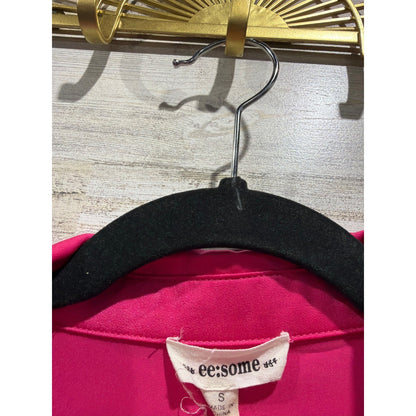 Ee:Some Satin Button Down Shirt Women Small Hot Pink Oversized Ruched Sleeve EUC1