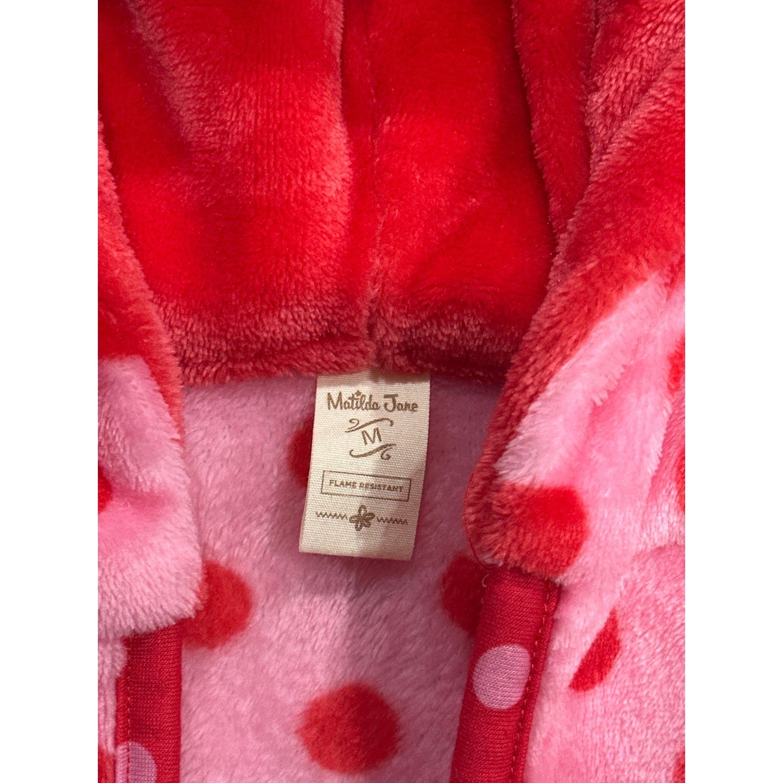 Matilda Jane Robe Girls Medium Pink Red Polka Dot Hooded Fleece*Missing Belt Tie1