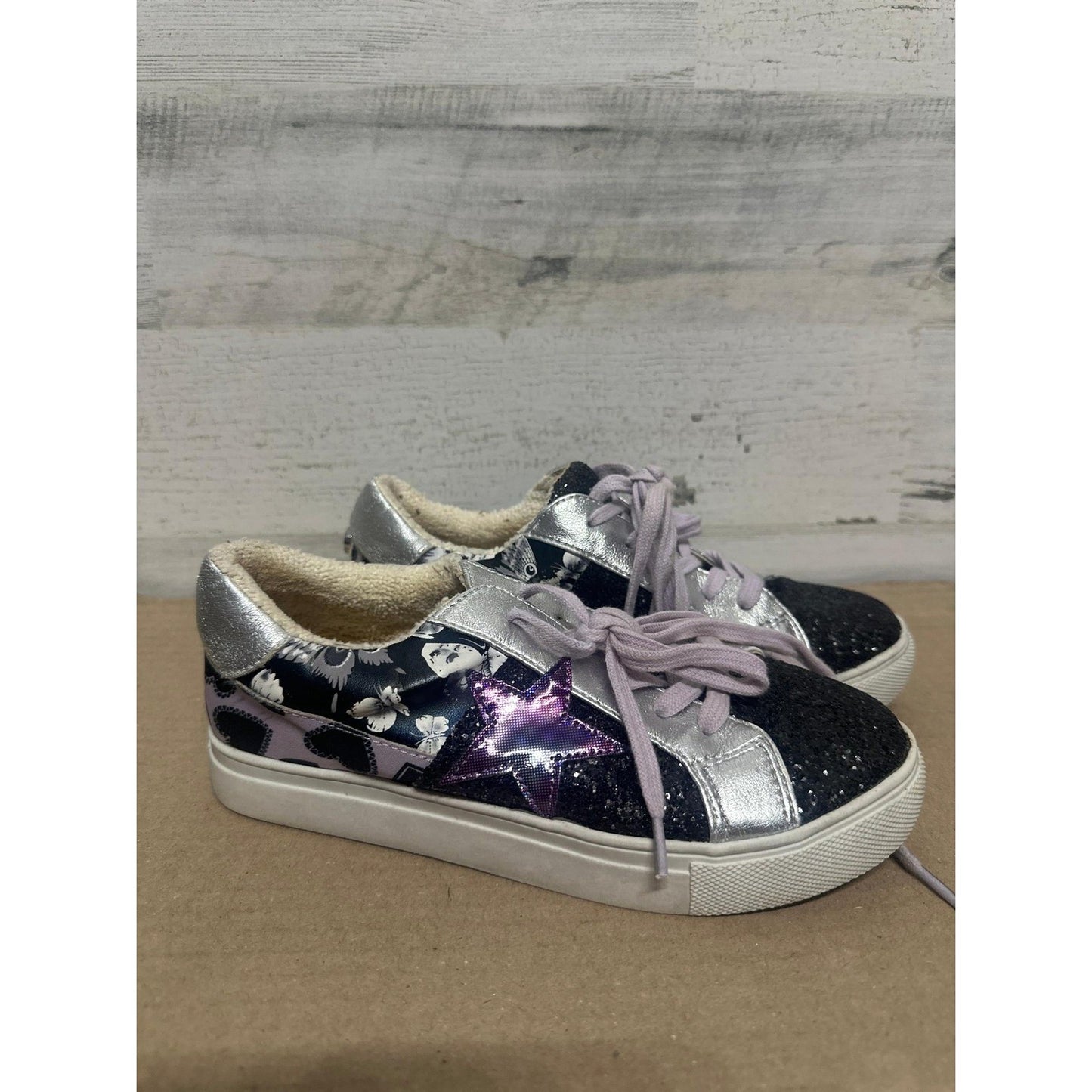 Steve Madden Sneakers Kids Youth 3 Black Silver Glitter Star Butterfly0
