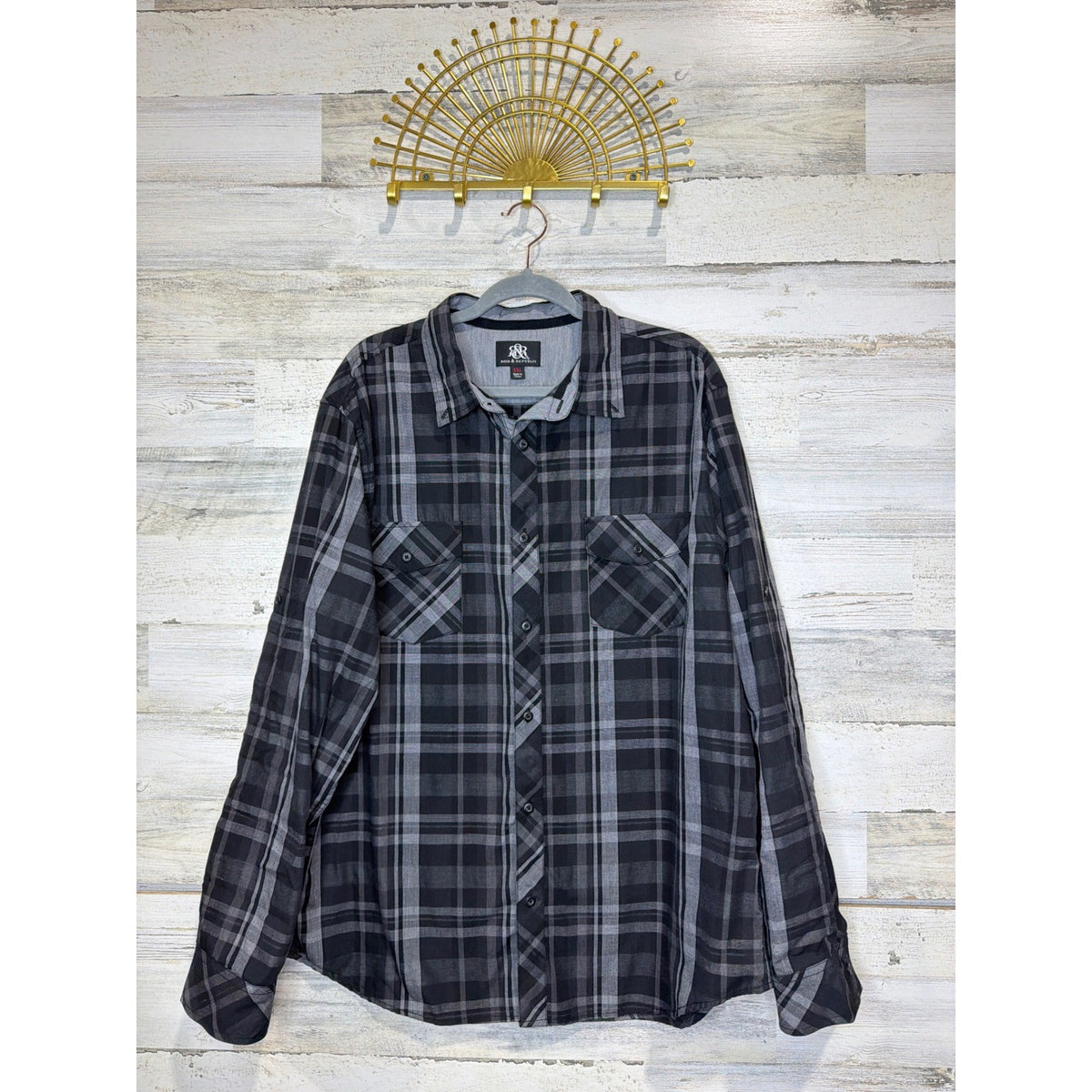 Rock and Republic Button Down Shirt Men XXL Grey Black Plaid Grunge Rocker EUC0