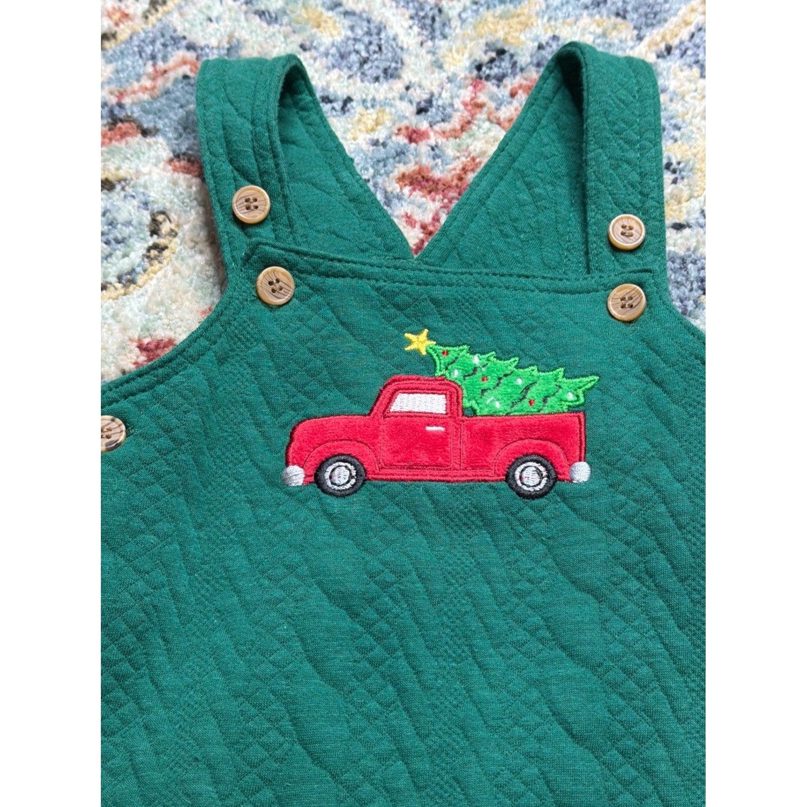 Baby Starters Quilted Overalls Boys 9M Green Red Truck Christmas Holiday EUC1