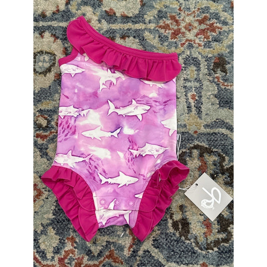 Birdie Bean Swimsuit Girls 12-18m Pink Shark One Sleeve Ruffle One Piece NWT0