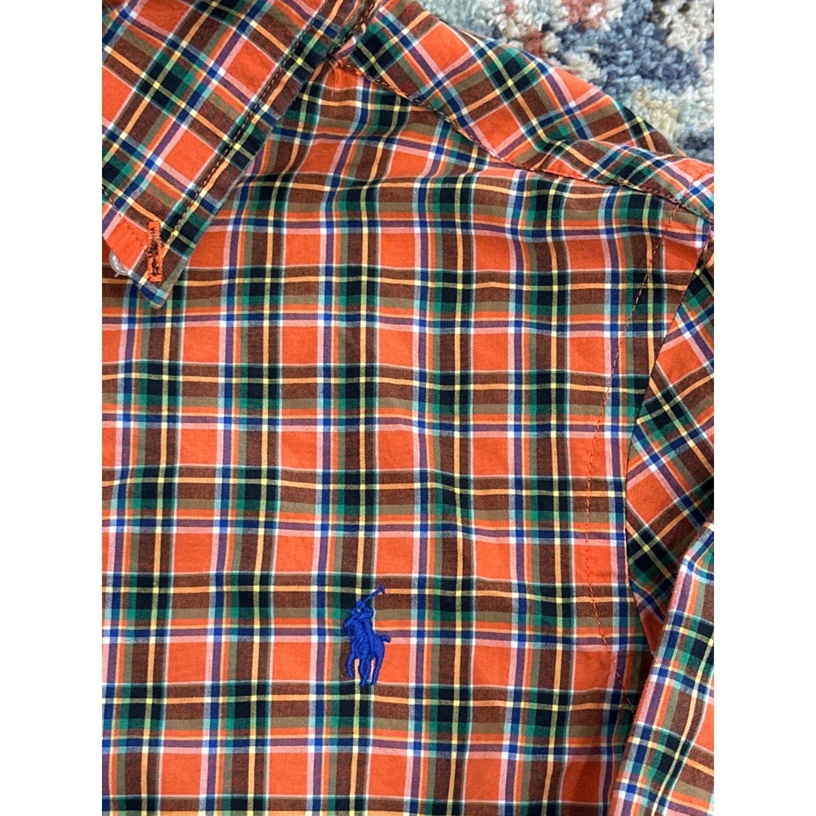 Ralph Lauren Plaid Button Down Shirt Kids M 10-12 Orange Green Good Preppy Top1