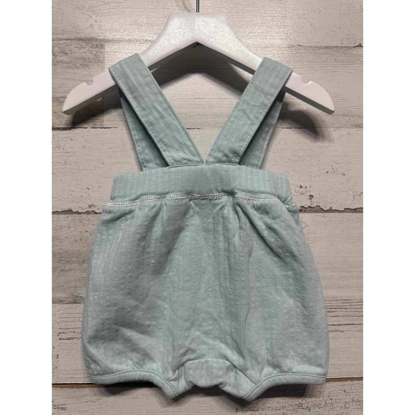 Lullaby Club Romper Boys 0-3M Seafoam Green Ribbed Knit Overalls EUC3