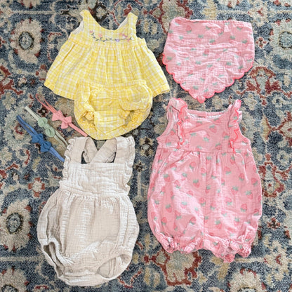 Baby Gap Burts Bees Cloud Island Girls 3-6M Yellow Pink Cream Romper Bundle EUC0