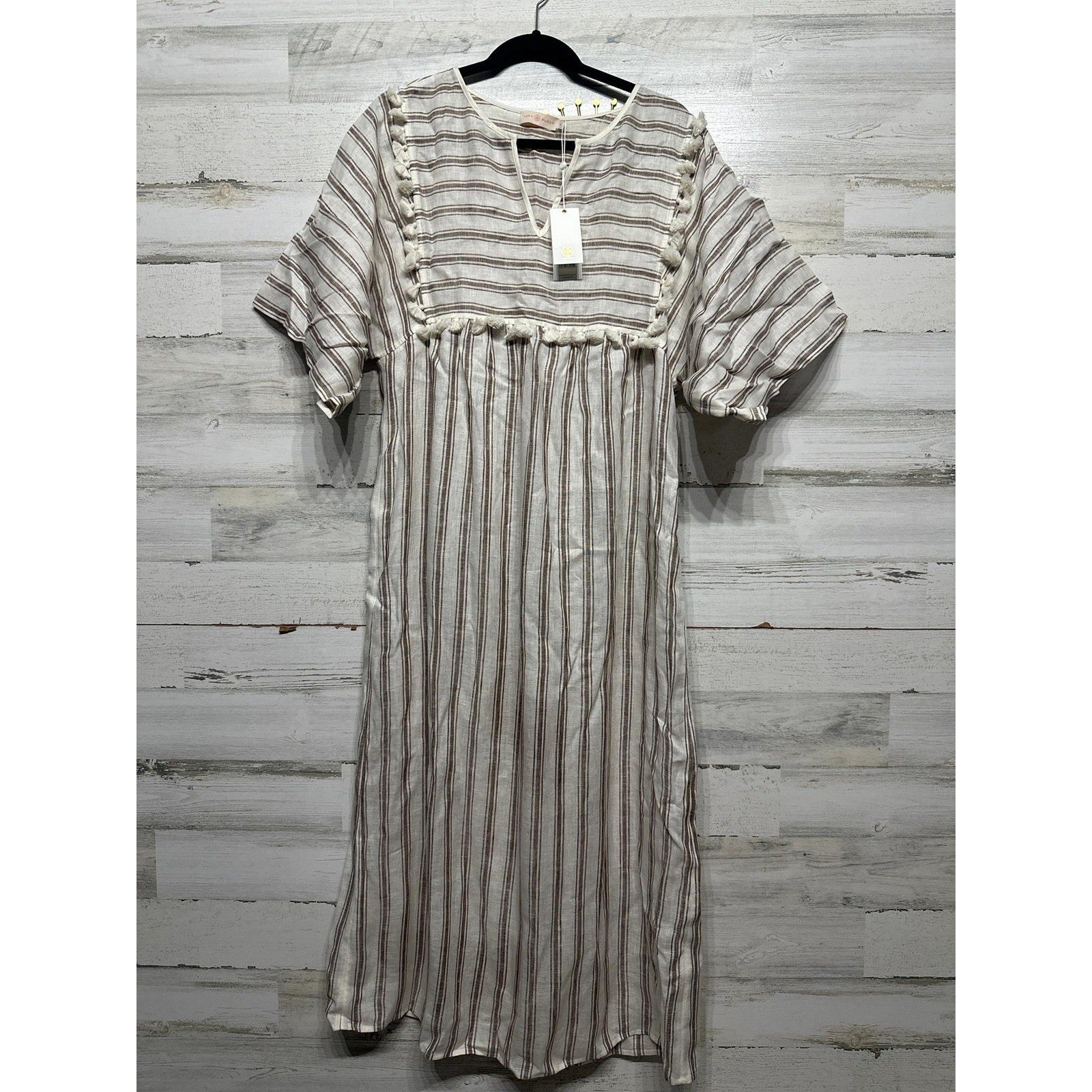 Tory Burch Striped Midi Caftan Women Small Ivory Anise Brown Linen Pom-Pom NWT0
