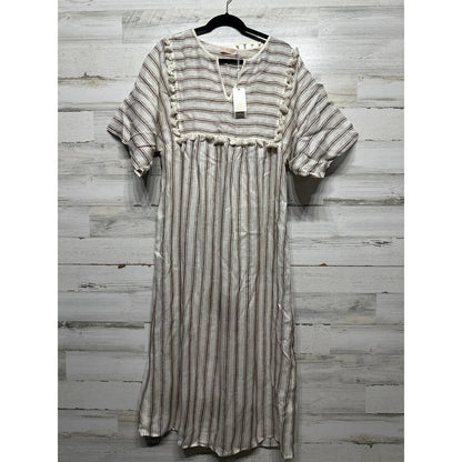 Tory Burch Striped Midi Caftan Women Small Ivory Anise Brown Linen Pom-Pom NWT0