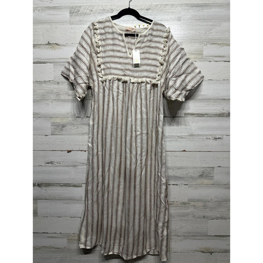 Tory Burch Striped Midi Caftan Women Small Ivory Anise Brown Linen Pom-Pom NWT0