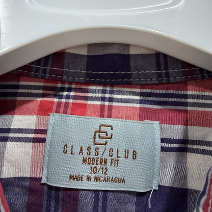 Class Club Button Down Boys 10/12 Red Blue Plaid Modern Fit Preppy EUC1