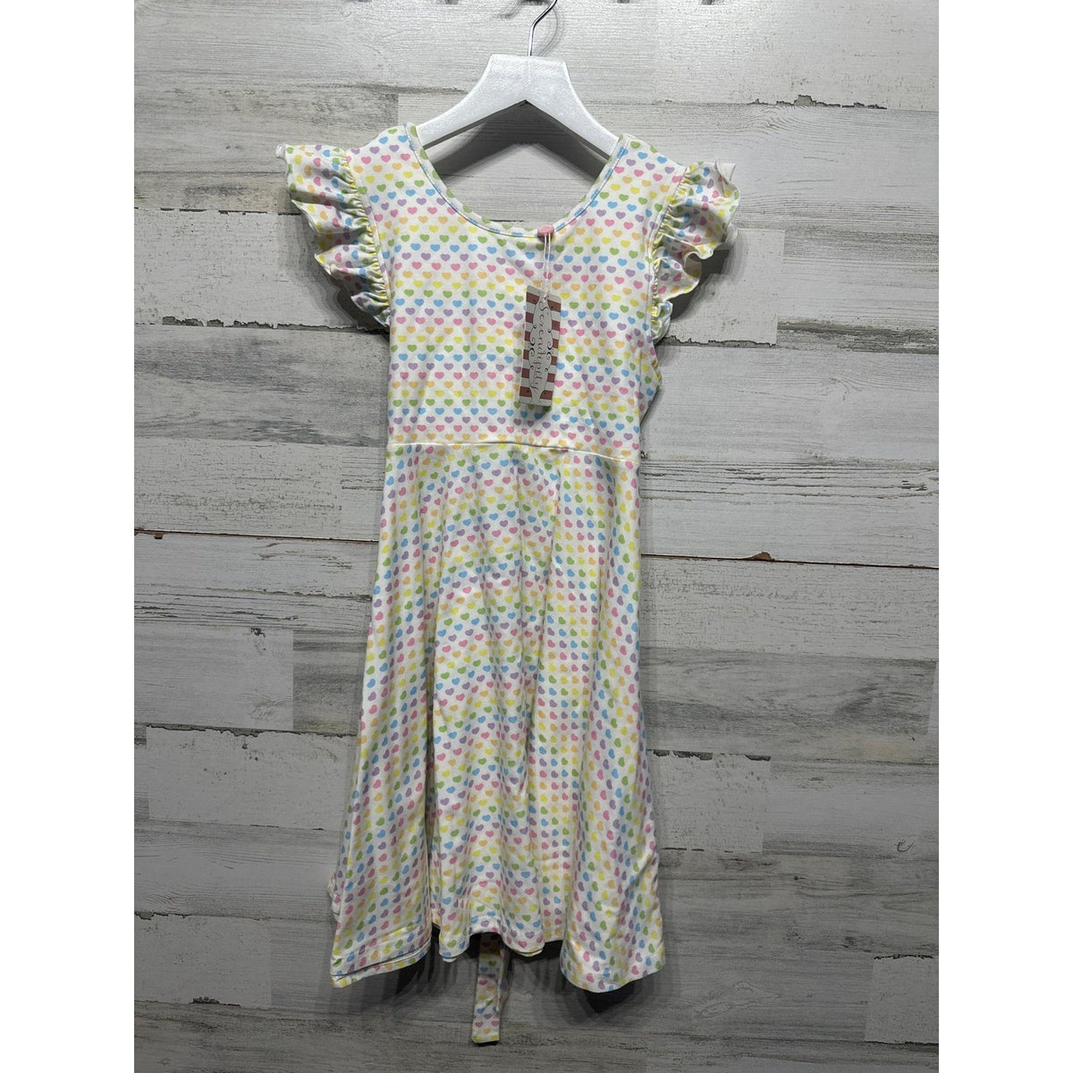 Serendipity Flutter Sleeve Dress Girls 10 White Rainbow Heart Print NWT0