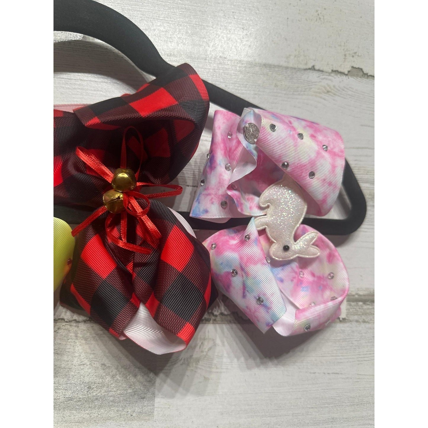 Large Hair Bows Girls Multicolor Rhinestone Buffalo Plaid Bunny EUC2