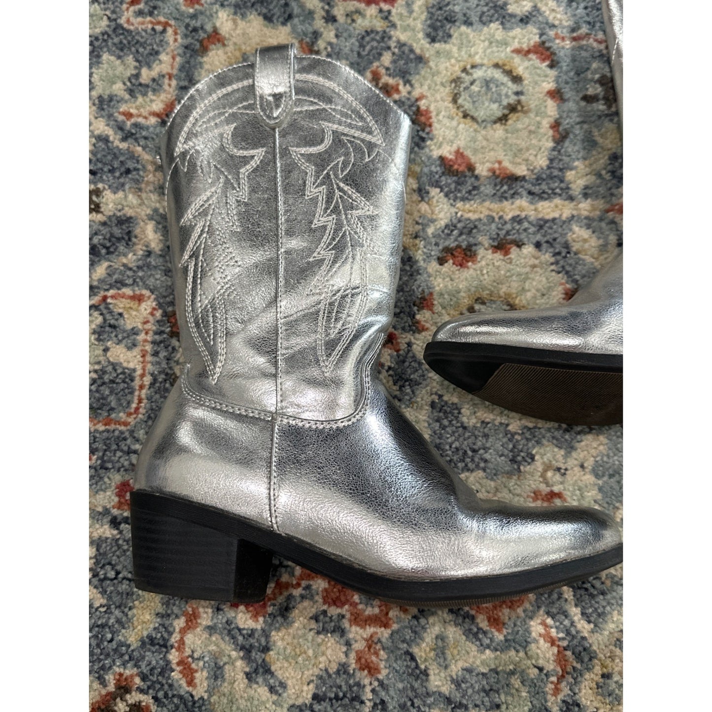 Silver Western Cowboy Boots Girls 3 Metallic Embroidered Pull On GUC1