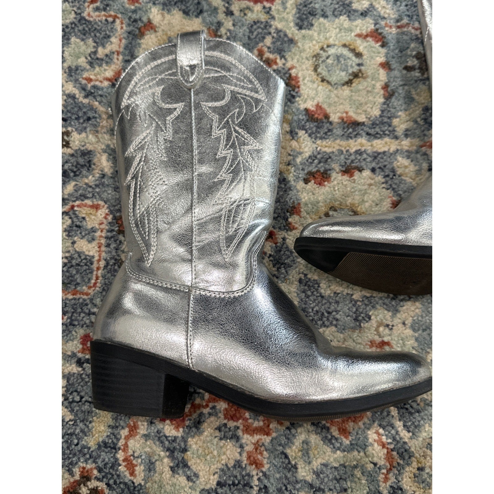 Silver Western Cowboy Boots Girls 3 Metallic Embroidered Pull On GUC1