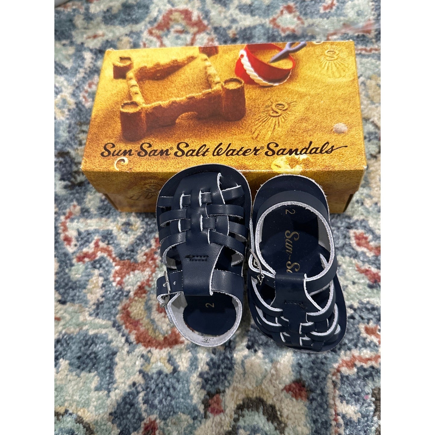 Sun-San Salt Water Sailor Sandals Boys 2 Infant Navy Blue Leather Strappy NEW0