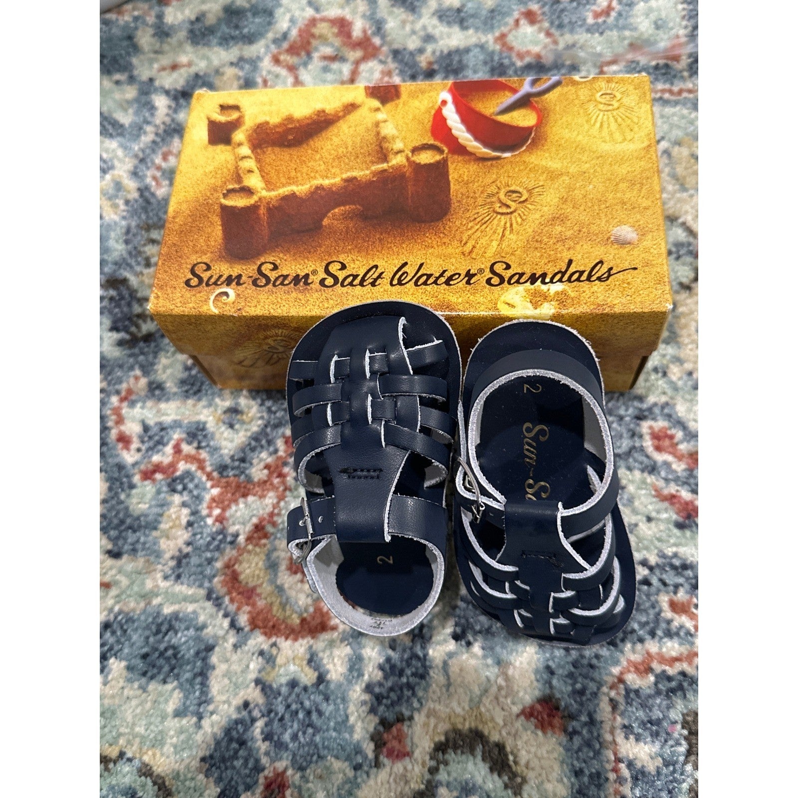 Sun-San Salt Water Sailor Sandals Boys 2 Infant Navy Blue Leather Strappy NEW0