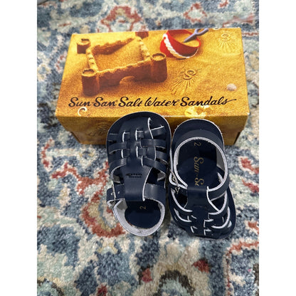 Sun-San Salt Water Sailor Sandals Boys 2 Infant Navy Blue Leather Strappy NEW0