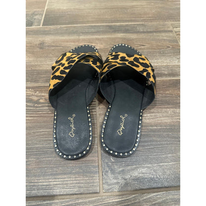 Qupid Slides Women Size 8 Leopard Print Studded Criss Cross Sandals EUC1