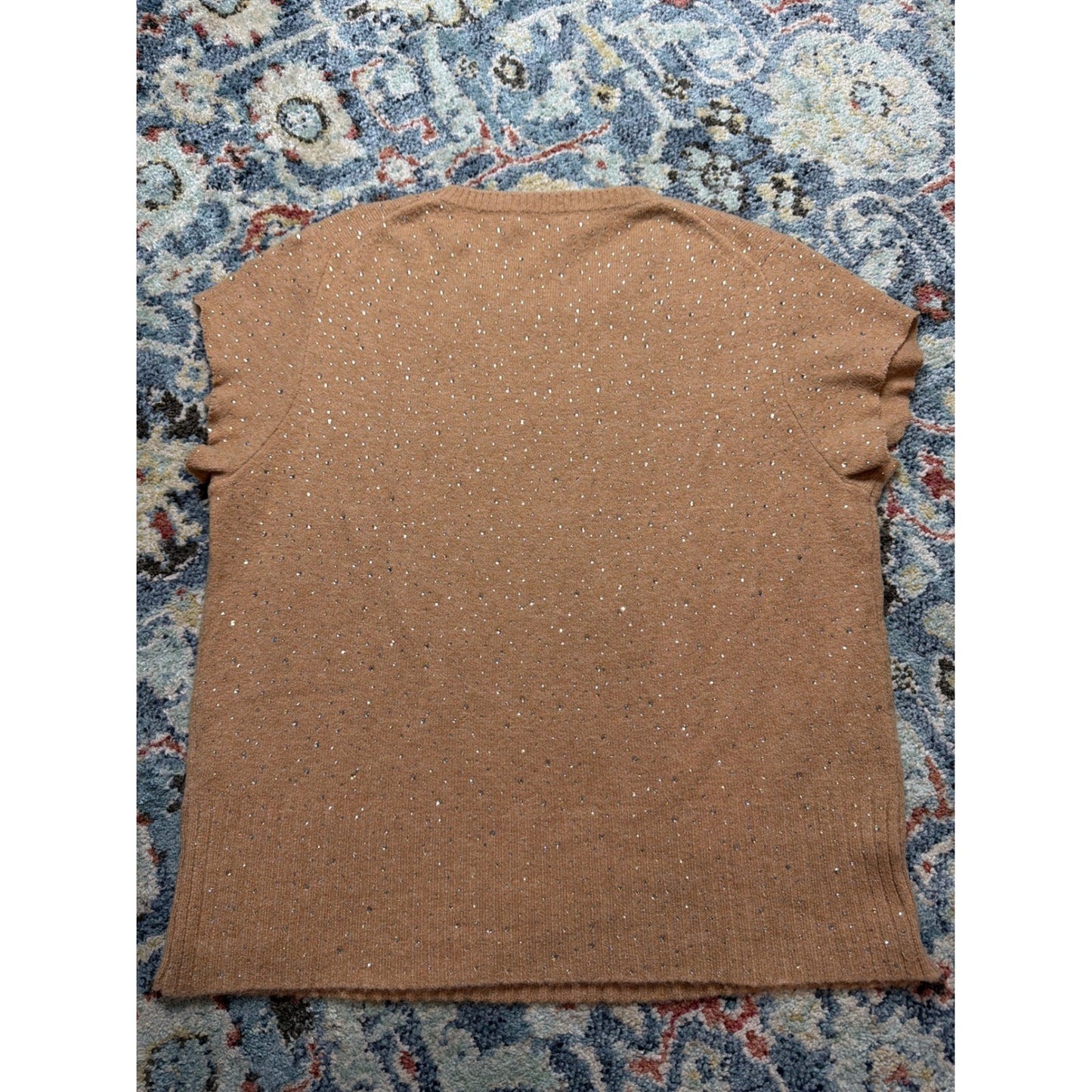 J. Crew Short Sleeve Sweater Women XL Tan Rhinestone Merino Wool Blend EUC2