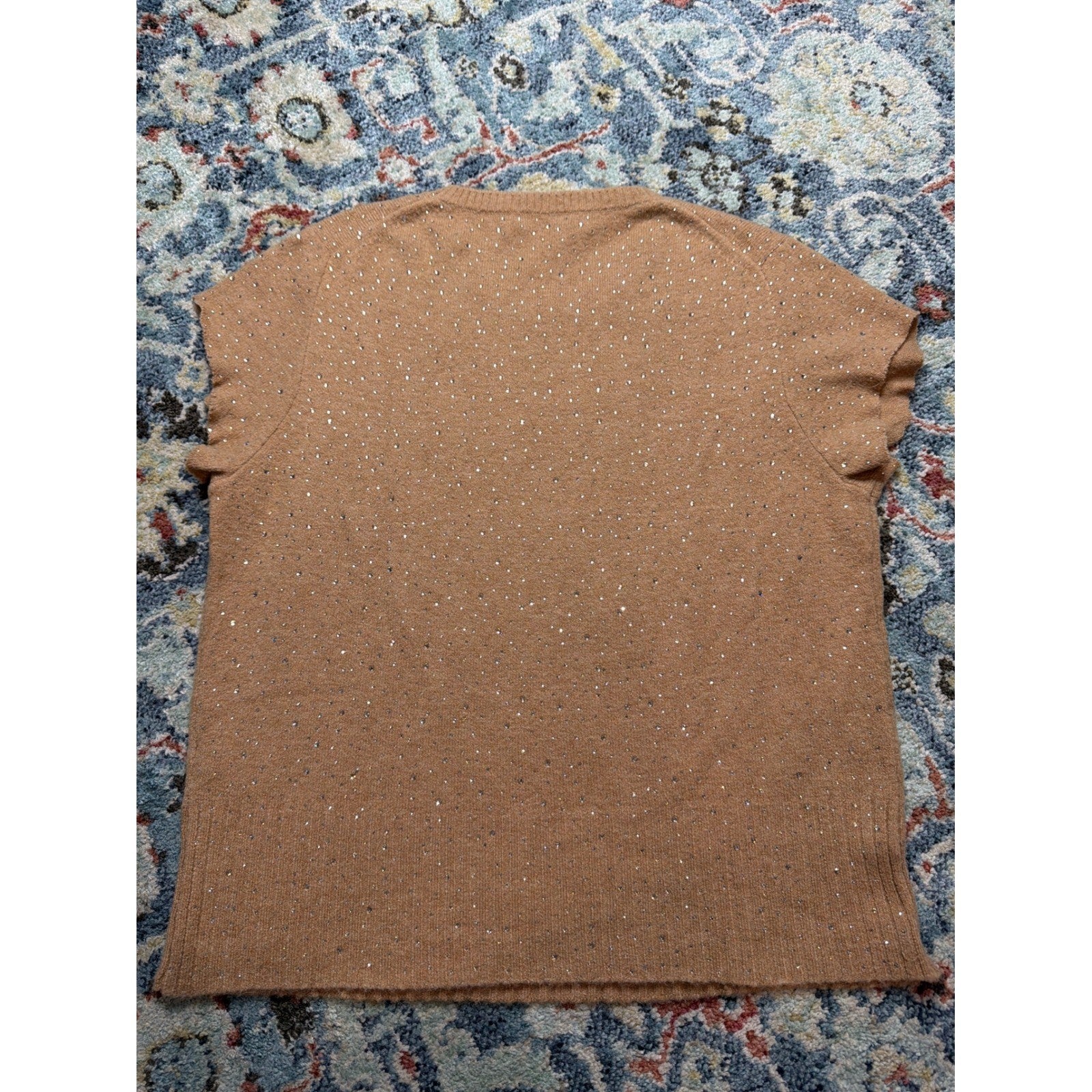 J. Crew Short Sleeve Sweater Women XL Tan Rhinestone Merino Wool Blend EUC2