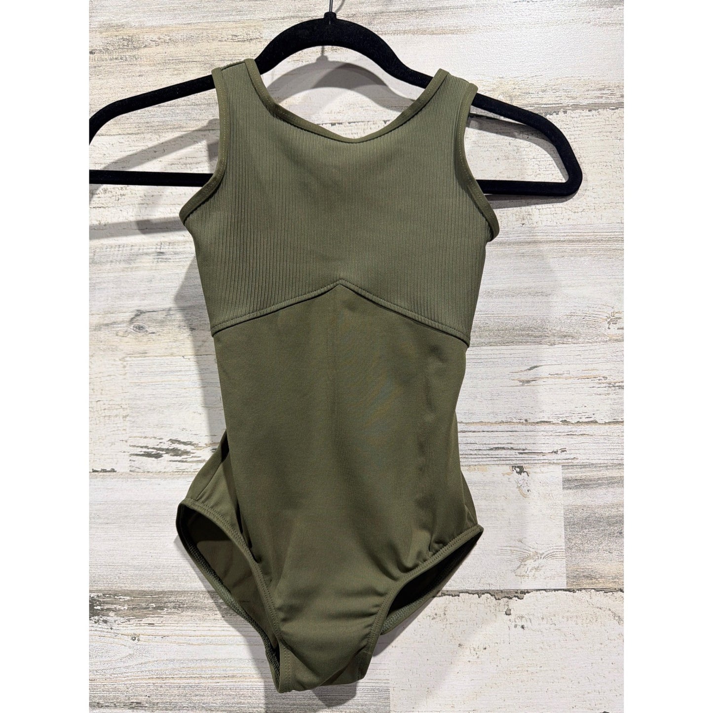 Danz N Motion Leotard Girls 12-14 Olive Green Ribbed Dancewear EUC0