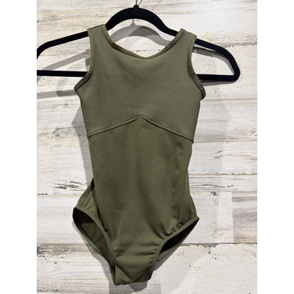 Danz N Motion Leotard Girls 12-14 Olive Green Ribbed Dancewear EUC0
