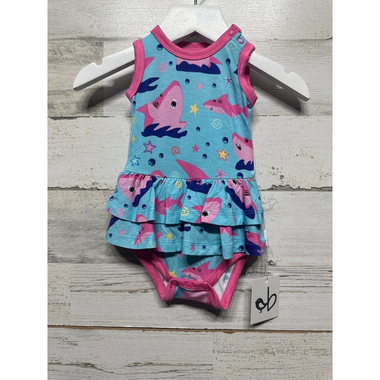 Birdie Bean Gwen Pink Shark Birdie Twirl Bodysuit Girls 0-3M Blue Bamboo NWT0