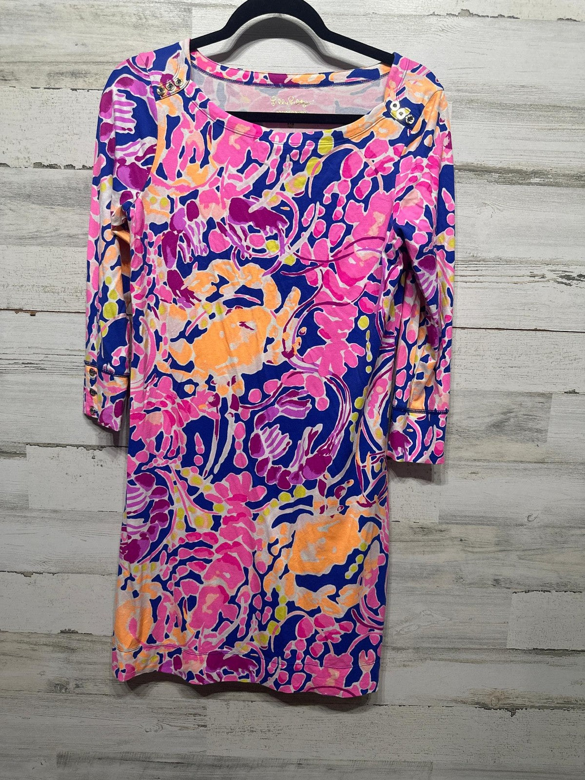 Lilly Pulitzer Sophie Dress Women M Pink Blue Floral Gold Button EUC0