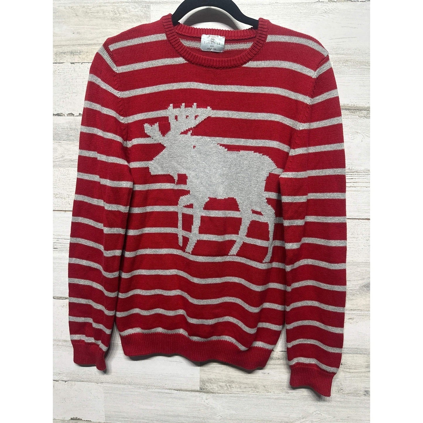 Class Club Sweater Boys 18-20 Red Striped Moose Elbow Patches EUC0