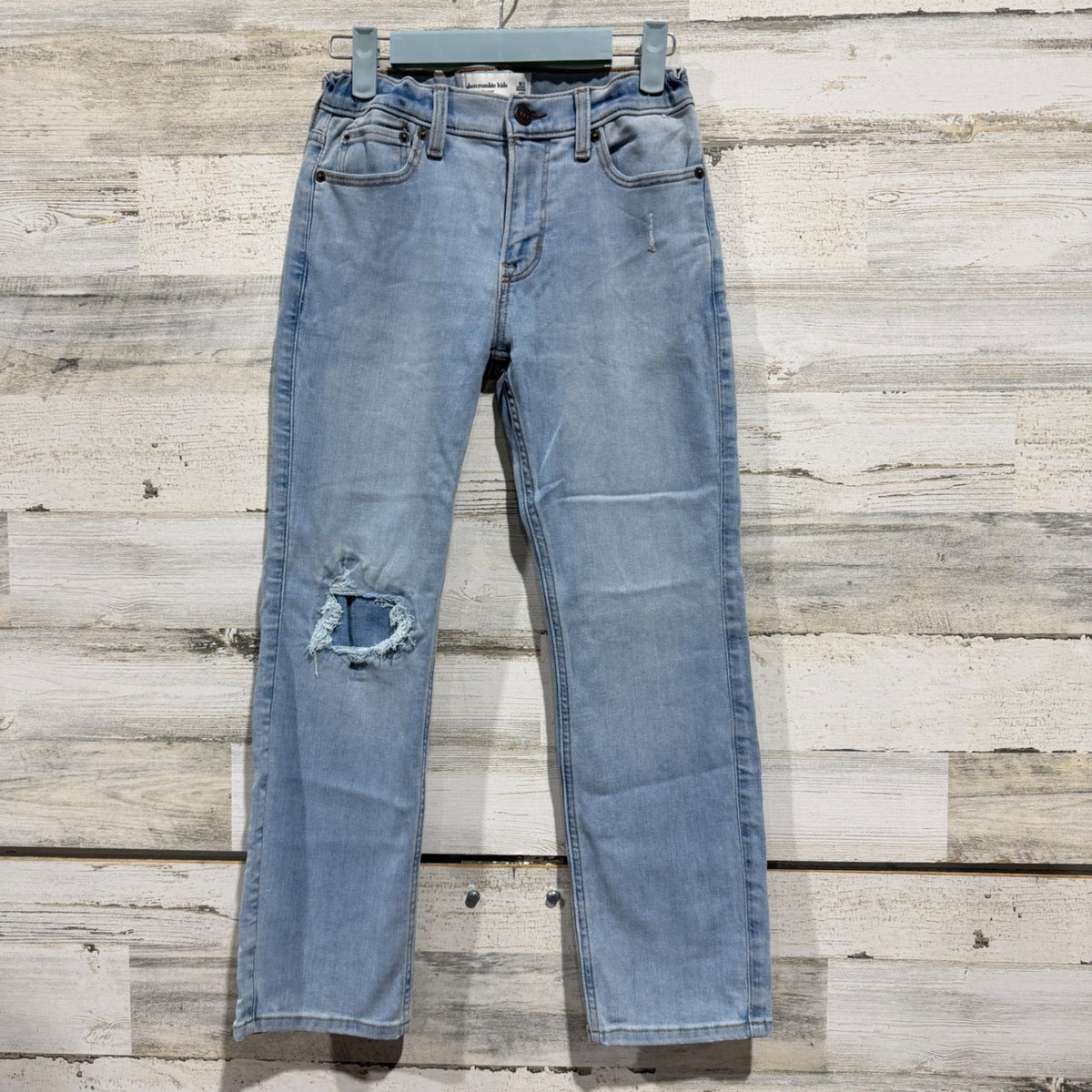 Abercrombie Kids Straight Distressed Jeans Girls 9/10 Light Blue Cotton Blend0
