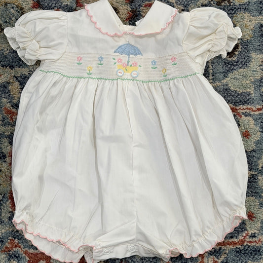 Vintage Smocked Romper Girls 6-9M White Pink Floral Umbrella Cottagecore *Flawed0