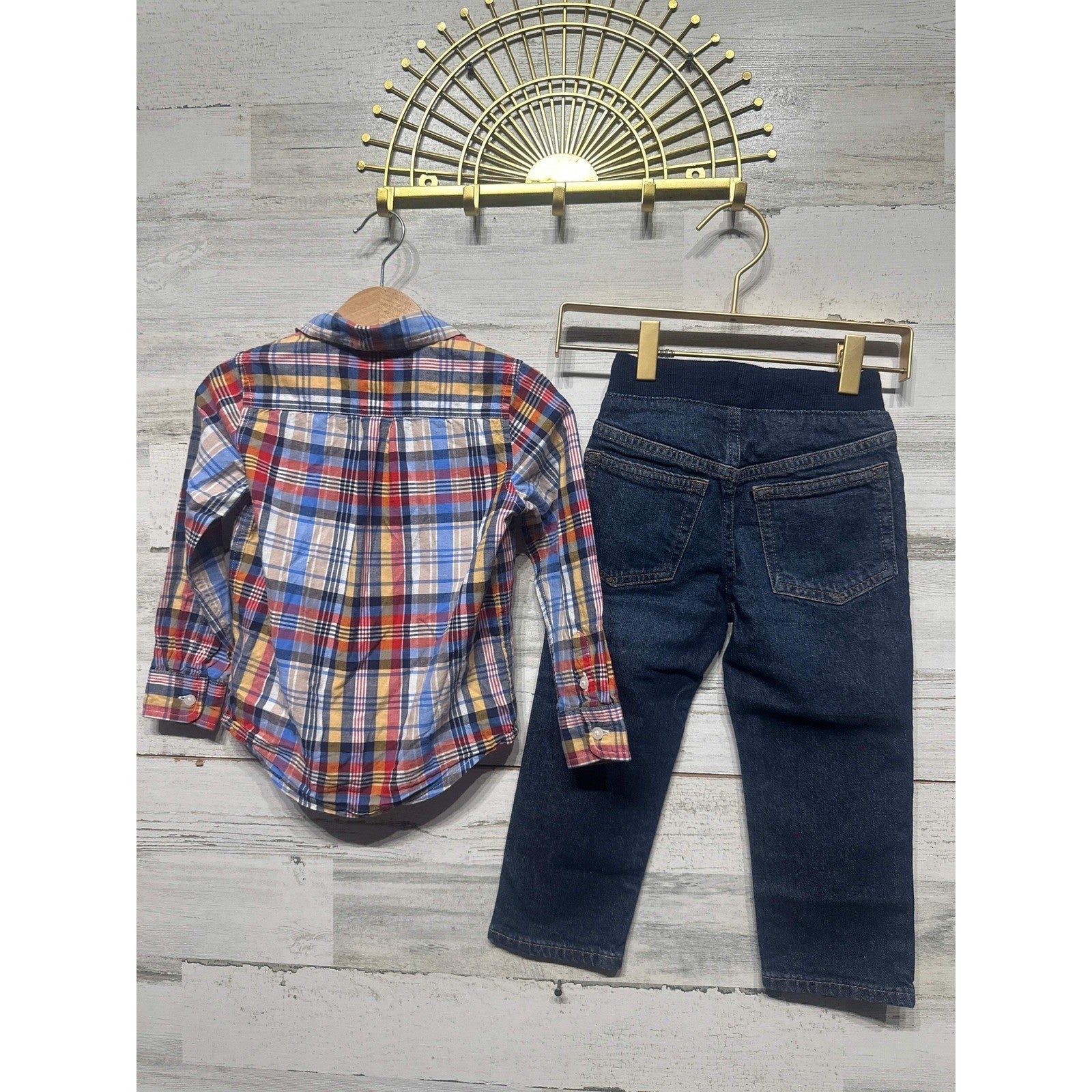 Janie and Jack Gap Outfit Set Boys 3T Multicolor Plaid Shirt Denim Jeans NWT EUC4
