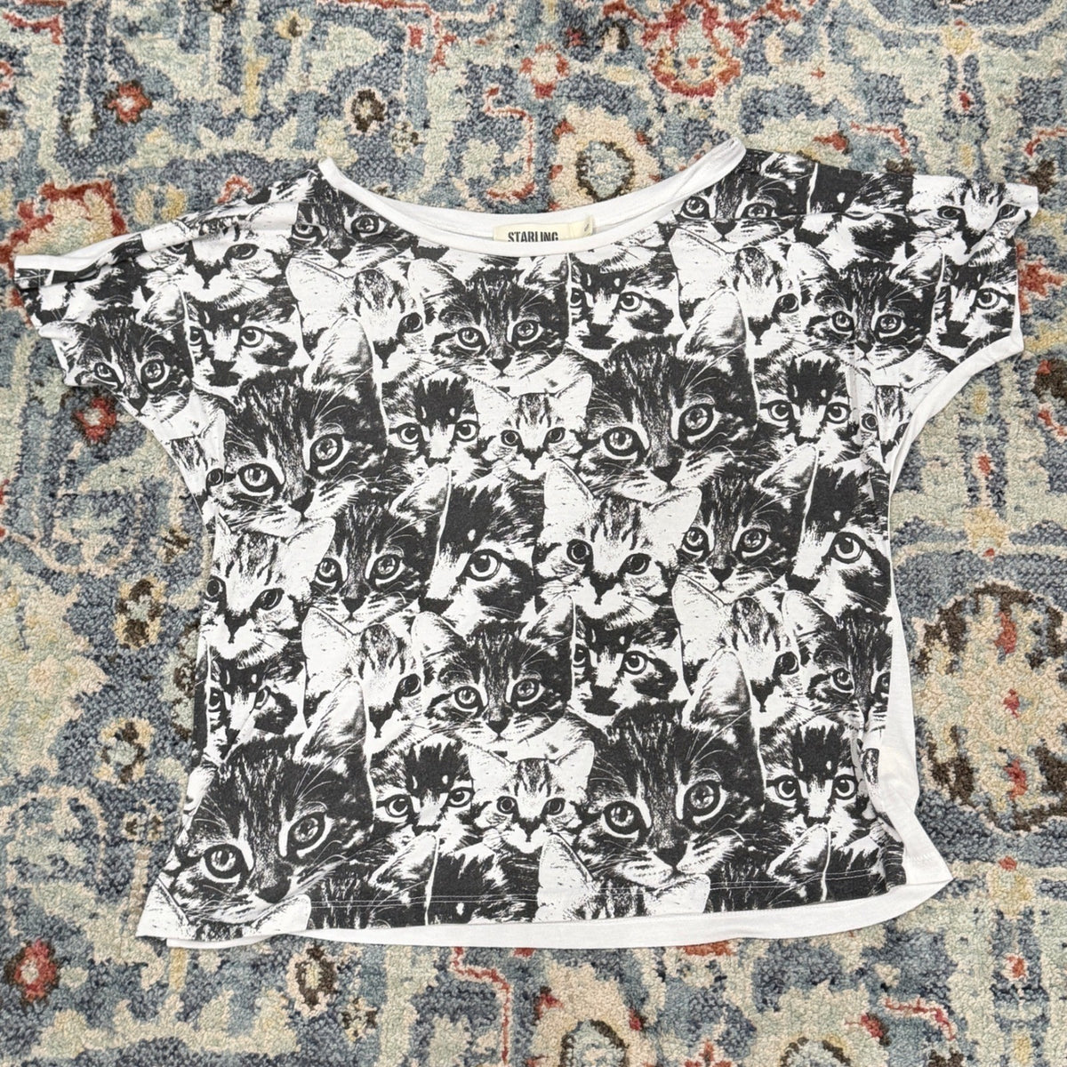 Starling Graphic Tee Women S White Black Cat Print Kitten Core EUC0