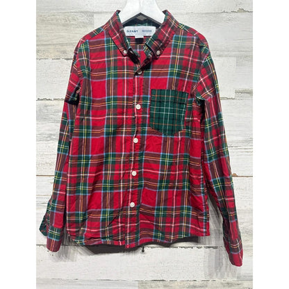 Old Navy Button Up Shirt Boys Size M 8 Red Holiday Plaid Built-in Flex EUC0