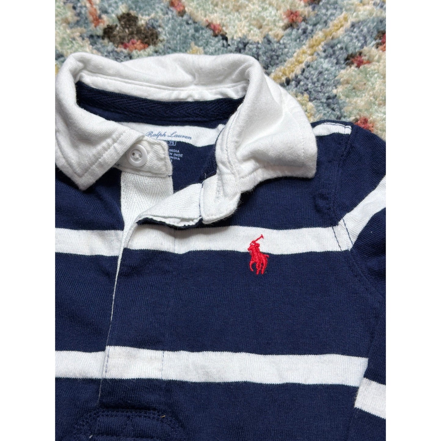 Polo Ralph Lauren Rugby Romper Boys 9M Navy White Striped Preppy EUC1