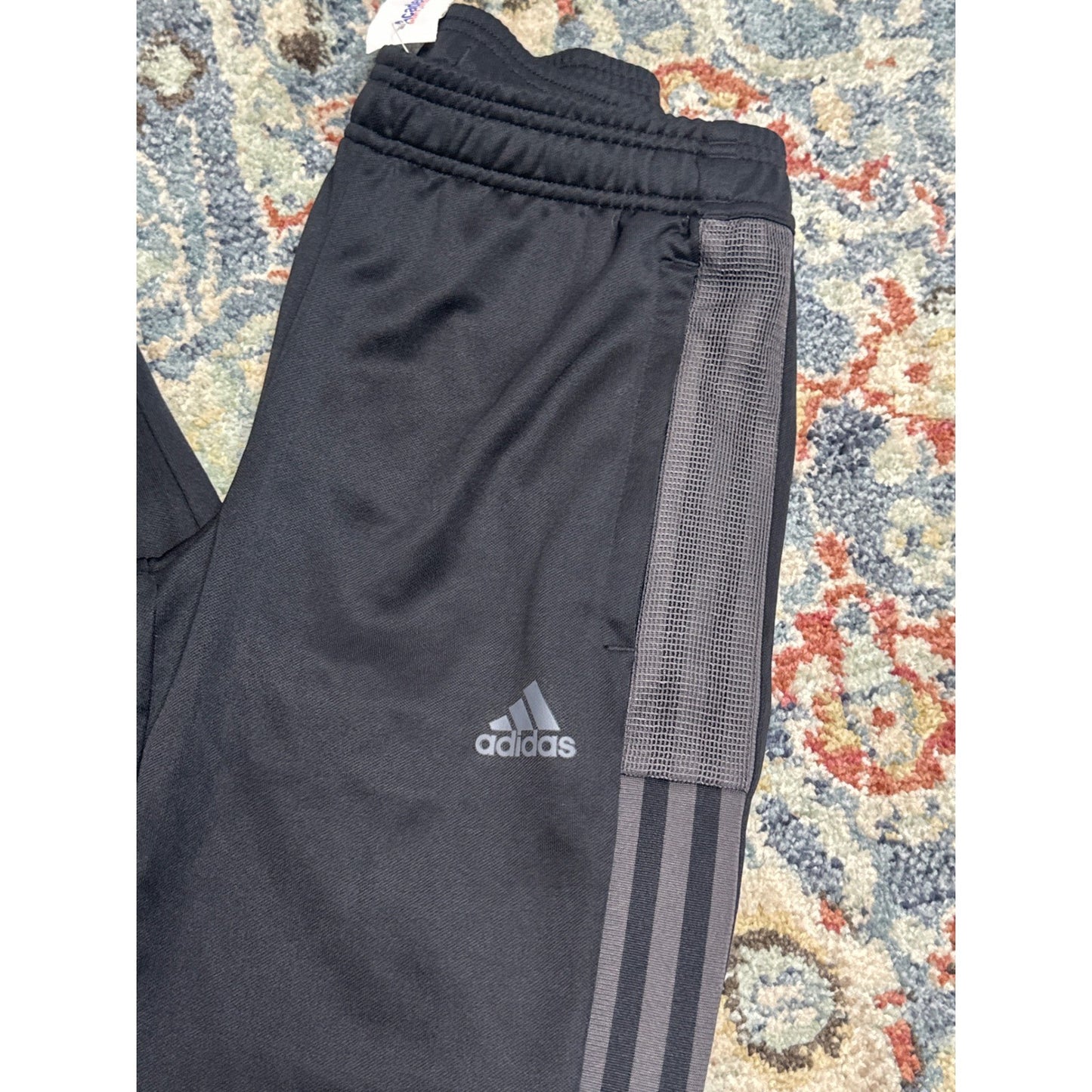Adidas Joggers Boys 11/12 Black Grey Striped Mesh Athletic Track Pants NWT1