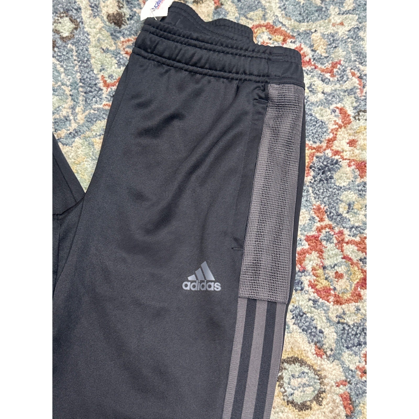 Adidas Joggers Boys 11/12 Black Grey Striped Mesh Athletic Track Pants NWT1