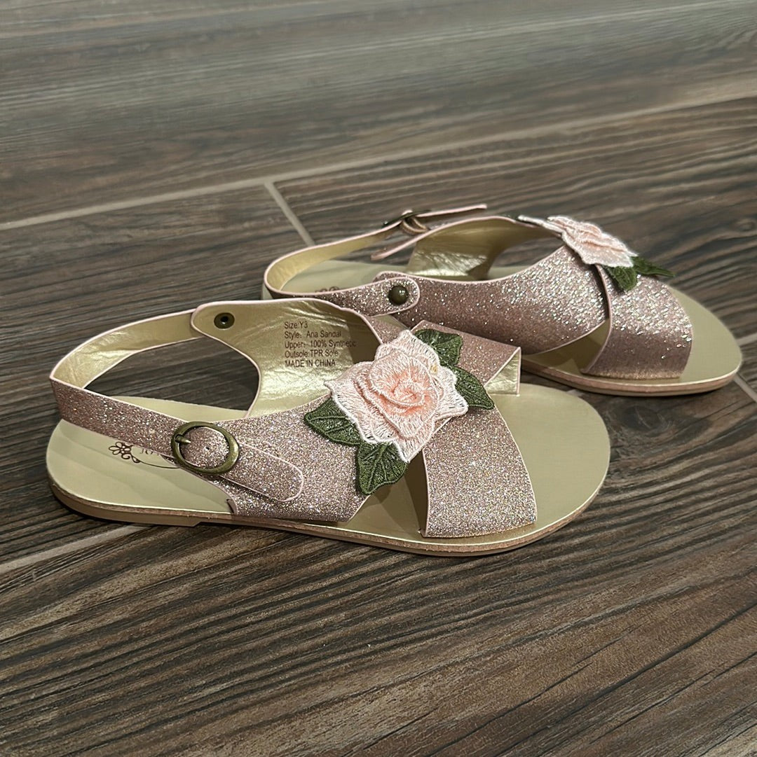 Joyfolie Aria Sandals Girls Size 3 Rose Gold Glitter Floral Embroidery EUC1