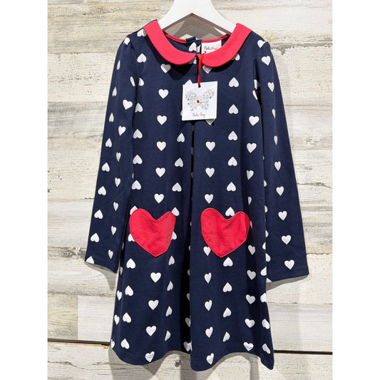 Nula Bug Heart Print Dress Girls 7 Navy Blue Peter Pan Collar Preppy NWT0