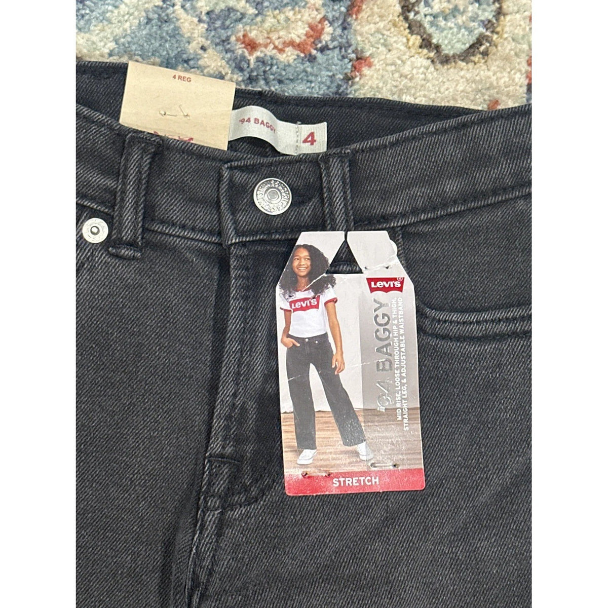 Levi's '94 Baggy Jeans Girls Size 4 Black Straight Leg Adjustable Waist NWT1